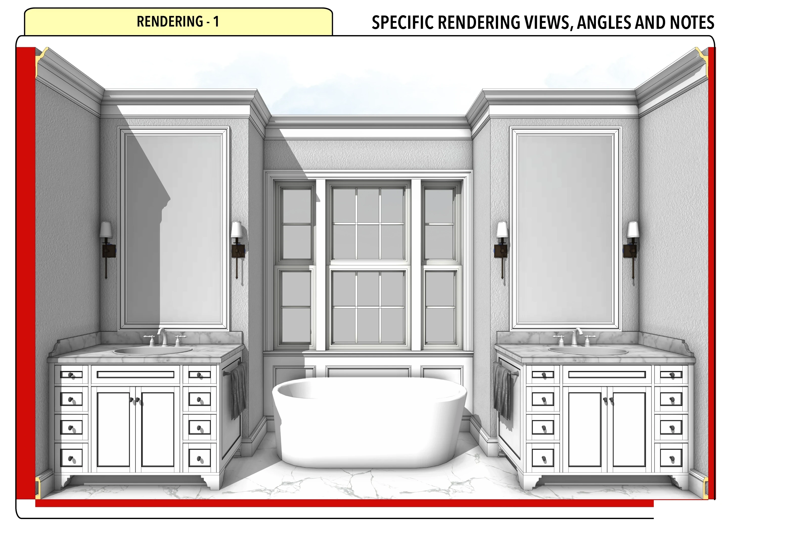 Tub at the Center: Front bathroom perspective with paired vanities and tub.
