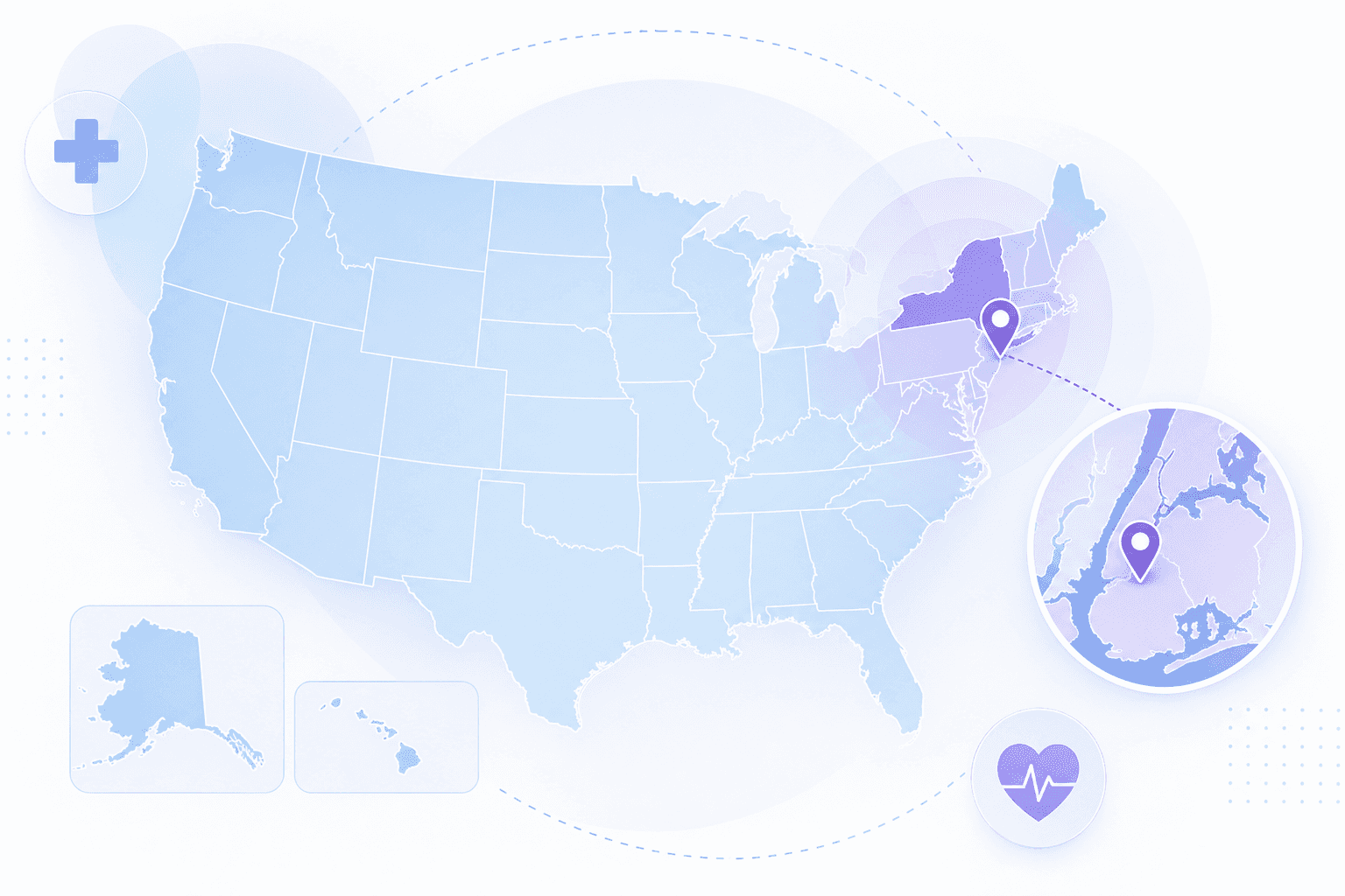 A clean, modern illustration showing a map of the United States with New York City highlighted or pinpointed, representing geographic healthcare service coverage limitations. The design should be professional and clinical, using calming blue and purple tones. The style should be minimalist and abstract, suitable for a healthcare technology article about telehealth service availability.