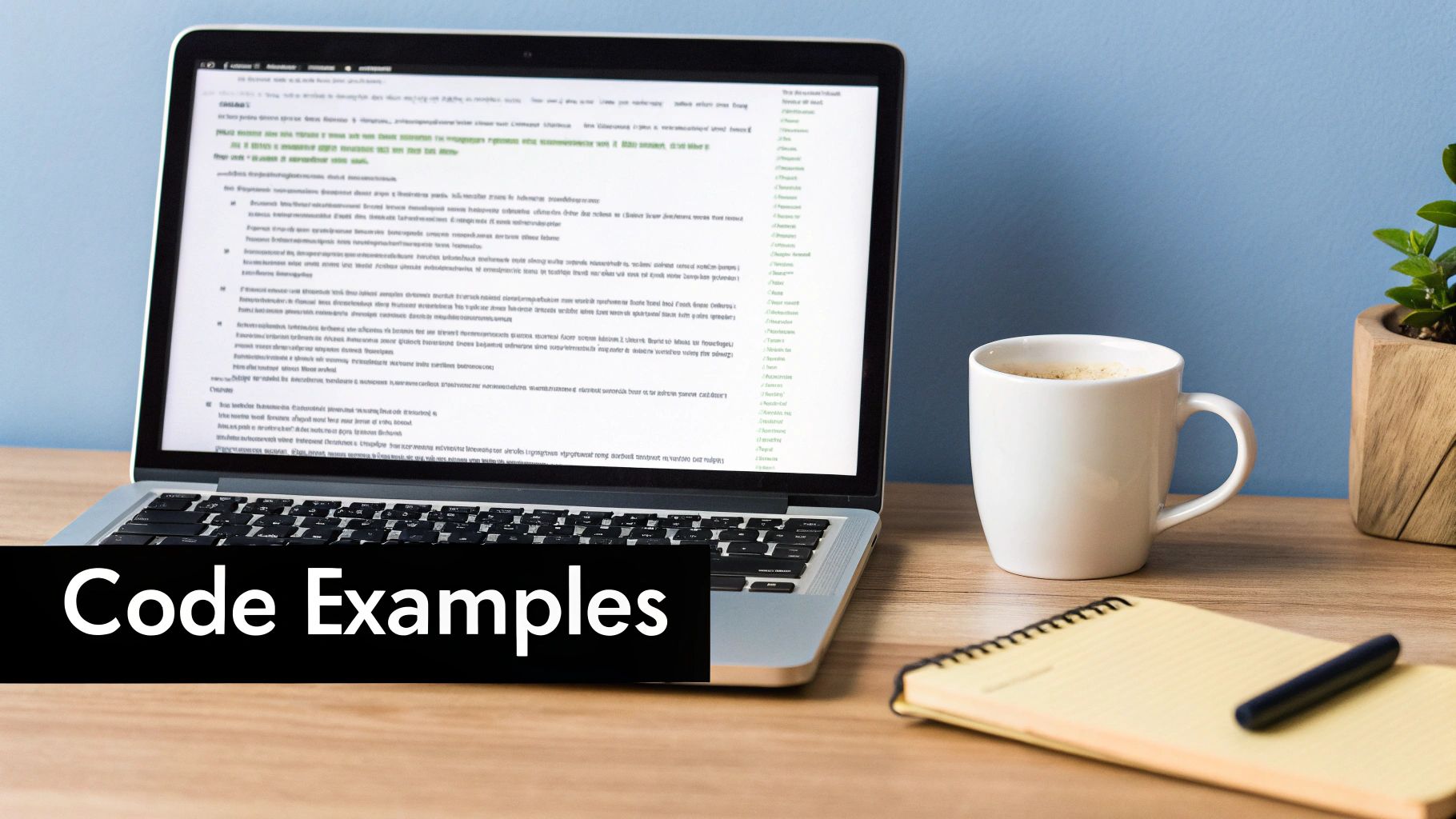 A laptop screen displays text and code examples, next to a coffee mug, notepad, and pen on a desk.