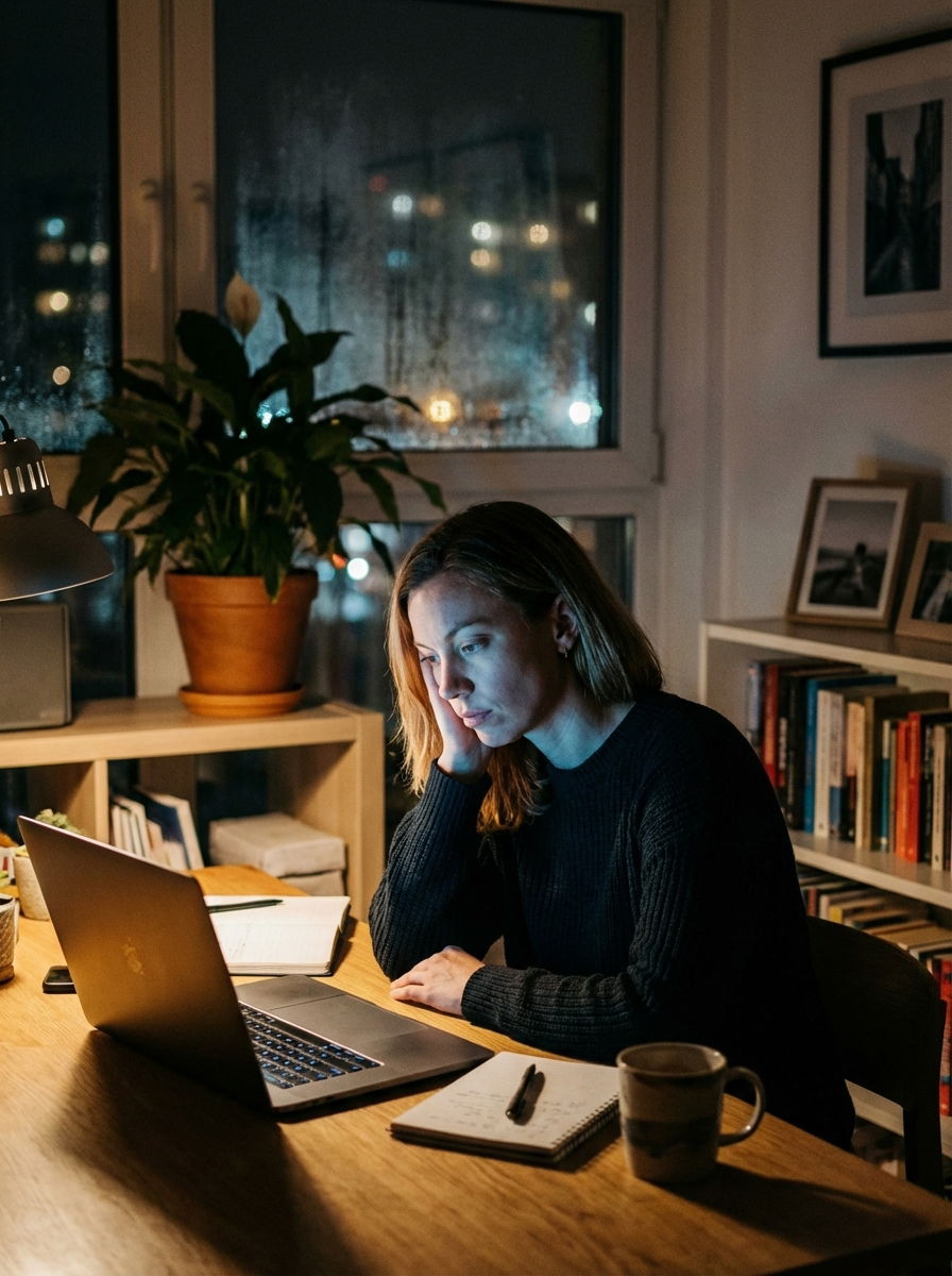 Remote worker alone at a home desk lit by a computer screen, symbolizing digital distance.