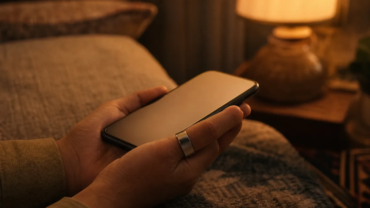 Hand wearing a silver smart tasbih ring holds a blank-glow phone in warm evening light
