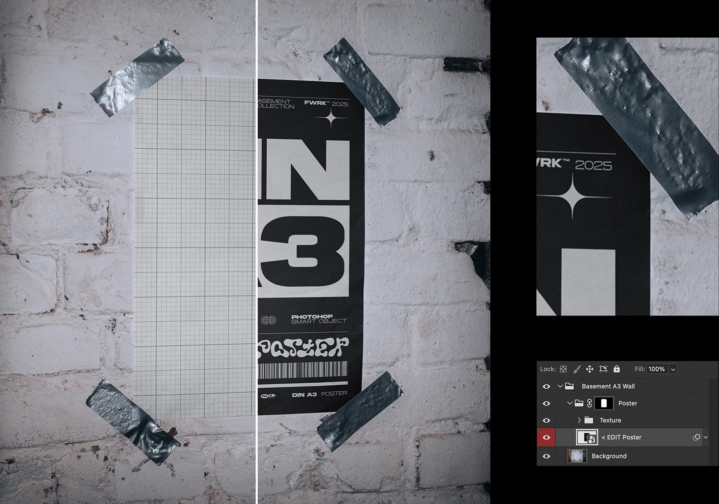 Close-up of the Photoshop smart object layers and duct tape texture details for easy design editing