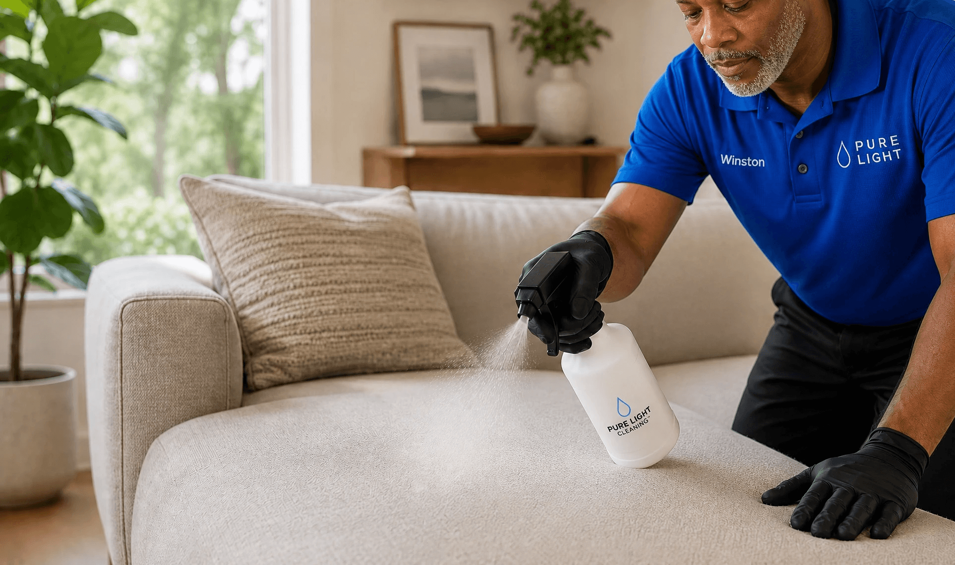 Technician applying fabric protector spray to a residential sofa after upholstery cleaning