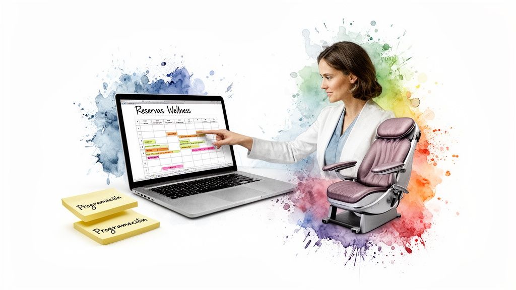 Mujer planifica reservas de wellness en laptop con un calendario, junto a una silla reclinable y notas de programación.