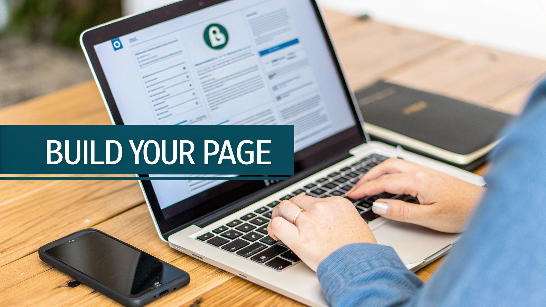 Close-up of hands typing on a laptop, building a business page on LinkedIn, with a smartphone on the desk.