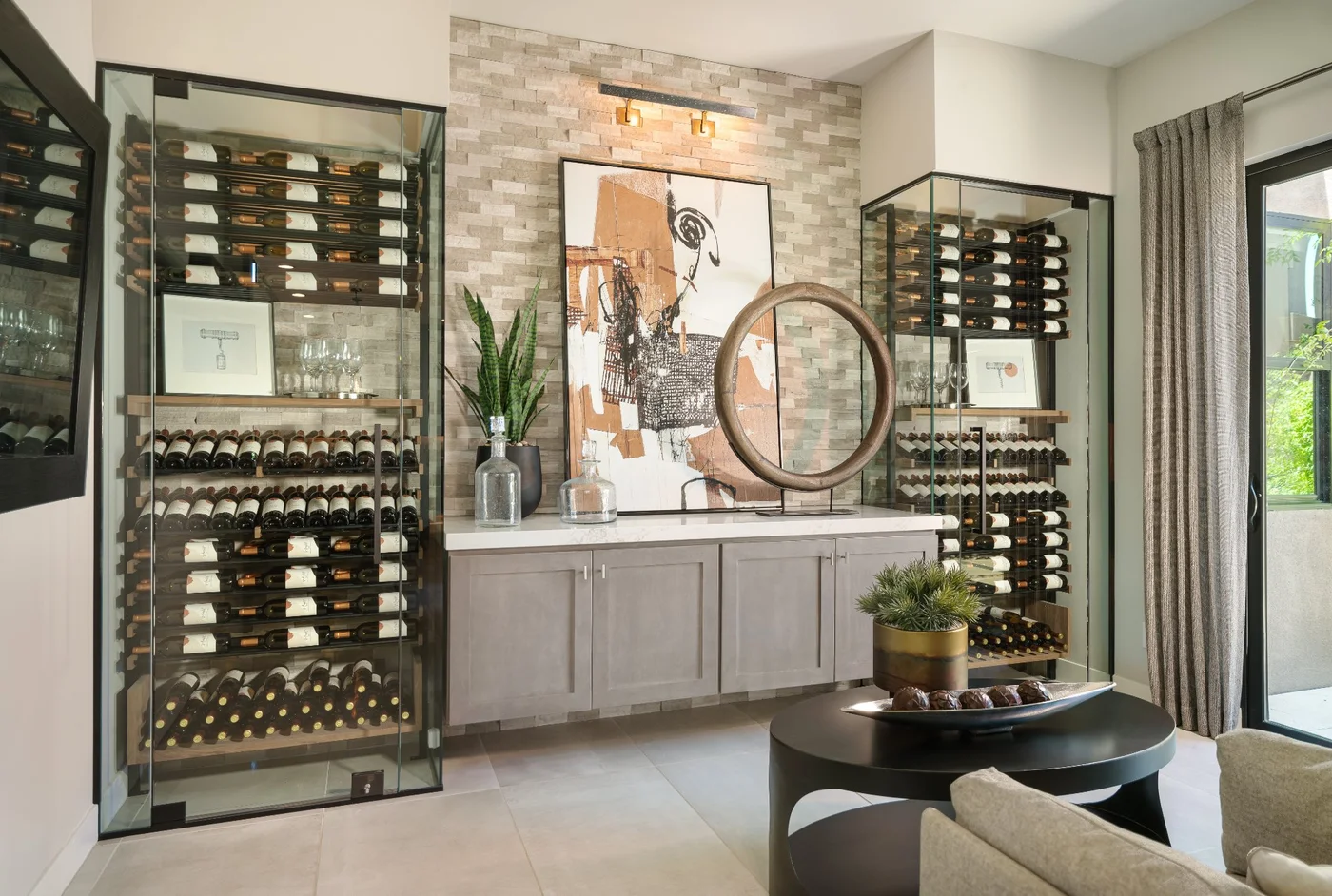 nfinity pool blending into the ocean view, minimalist sun loungers in soft neutral fabric, curved architecture