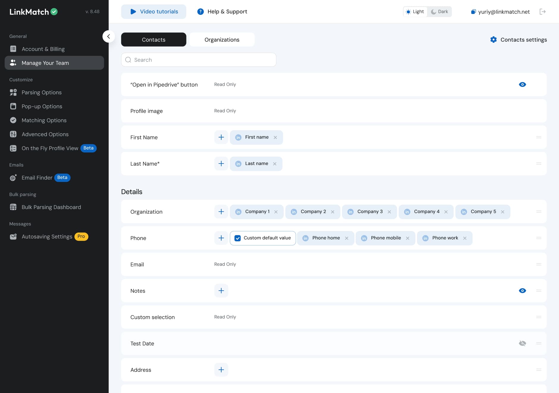LinkMatch dashboard displaying contact and organization field-mapping settings with customization options