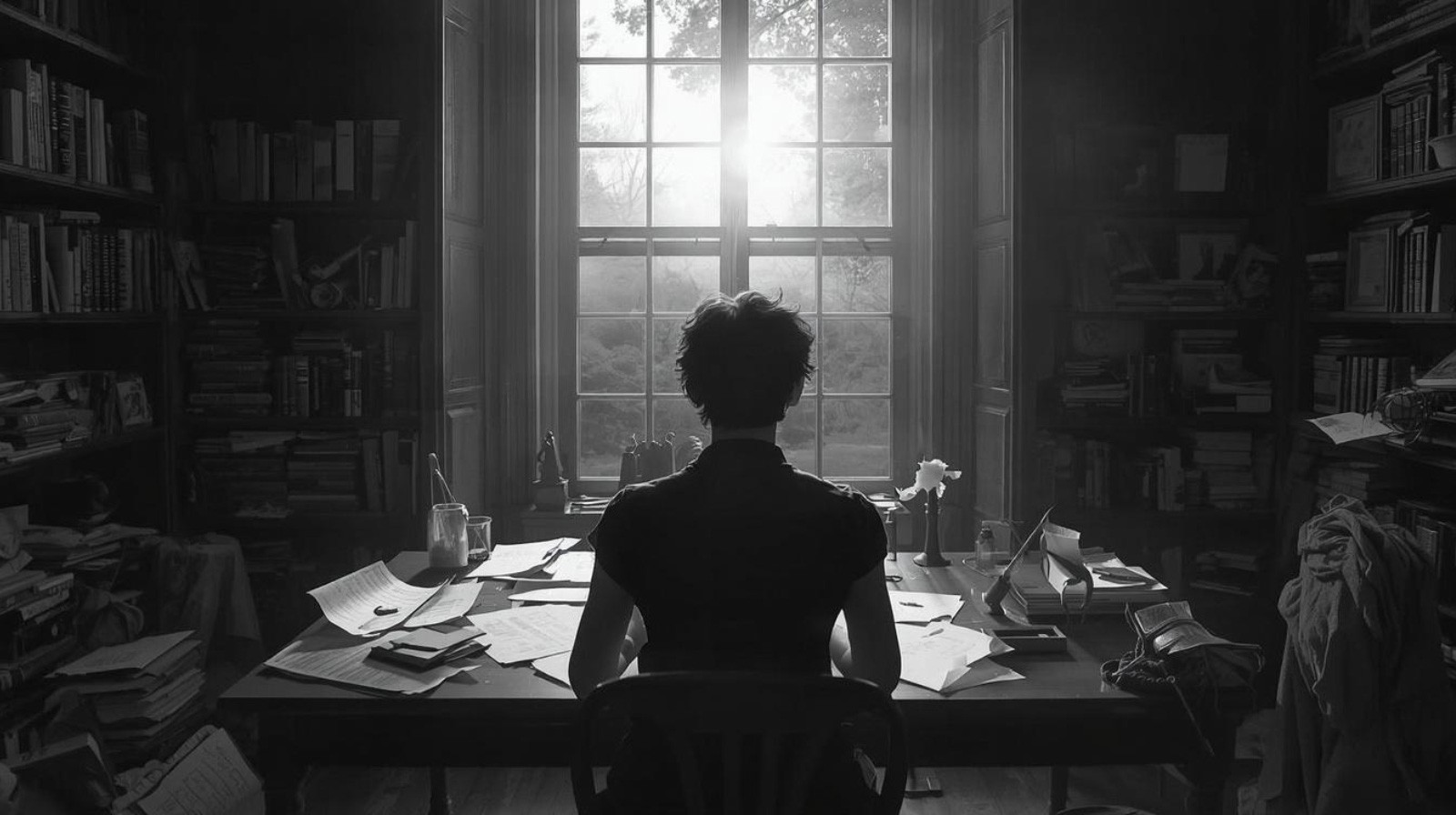 Scrittura creativa: persona alla scrivania circondata da fogli durante il processo creativo.