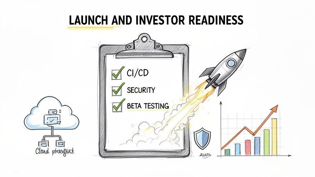 Launch and investor readiness illustration: CI/CD, security, beta testing checklist, rocket launch, and growth chart.