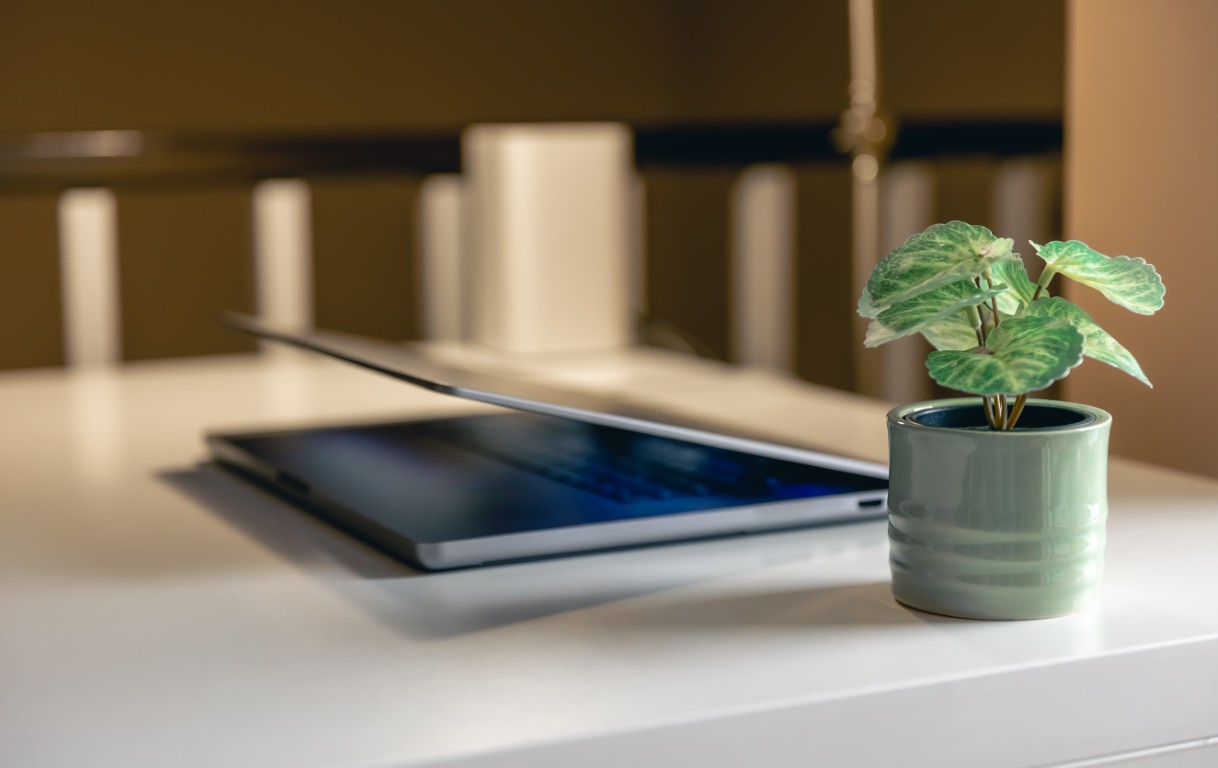 Close up of desk and laptop
