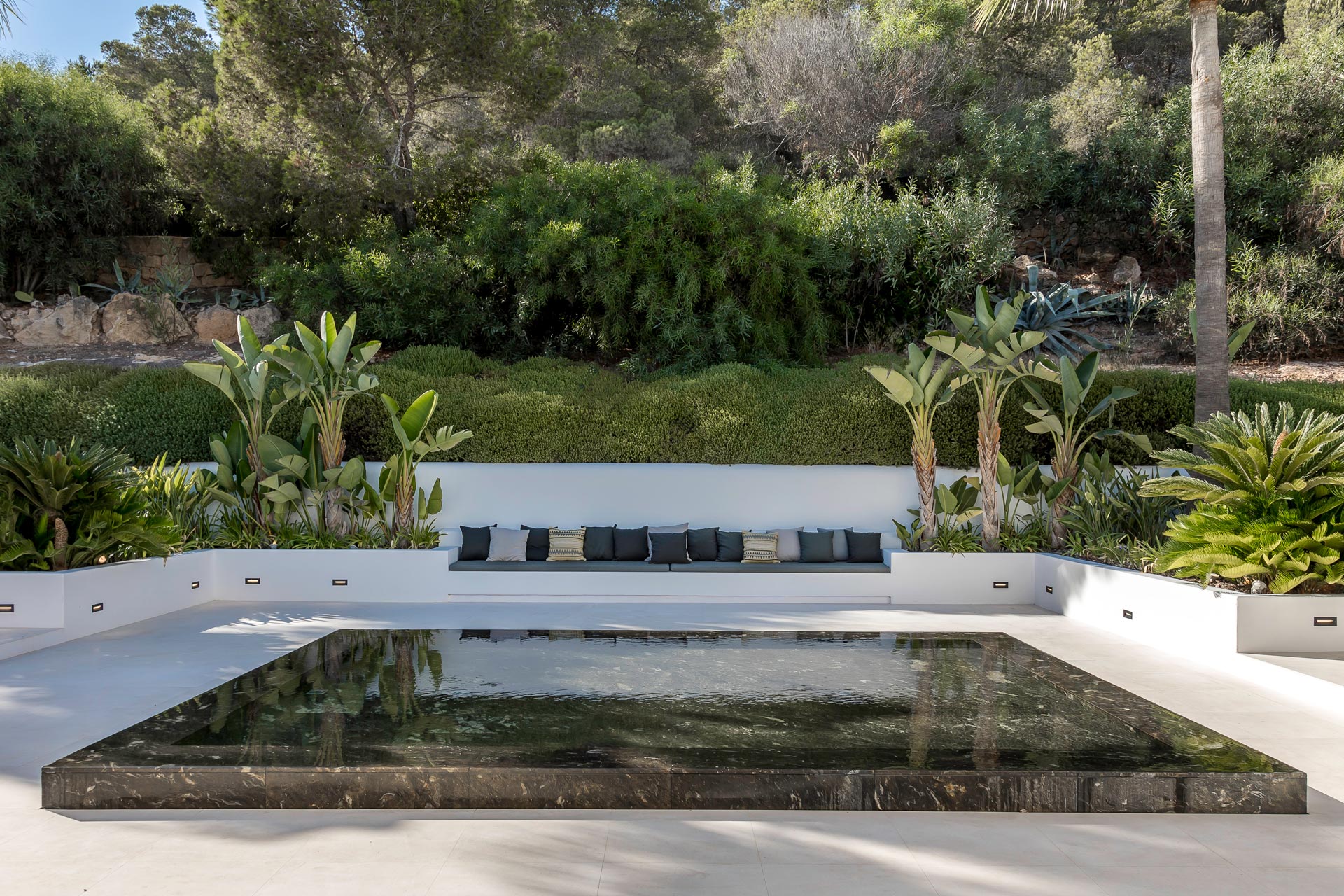 Patio seating area at the exclusive luxury villa in Ibiza—private, VIP estate property holiday retreat for weddings and events.