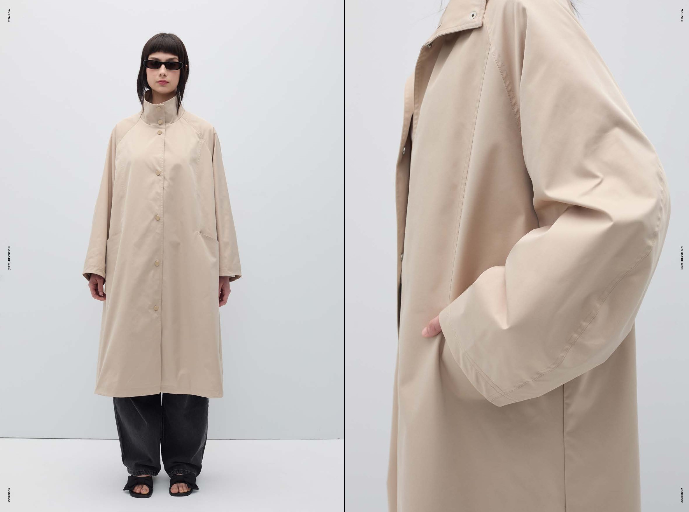Double page d'un lookbook Rita Row, mannequin portant un trench oversize beige et détail