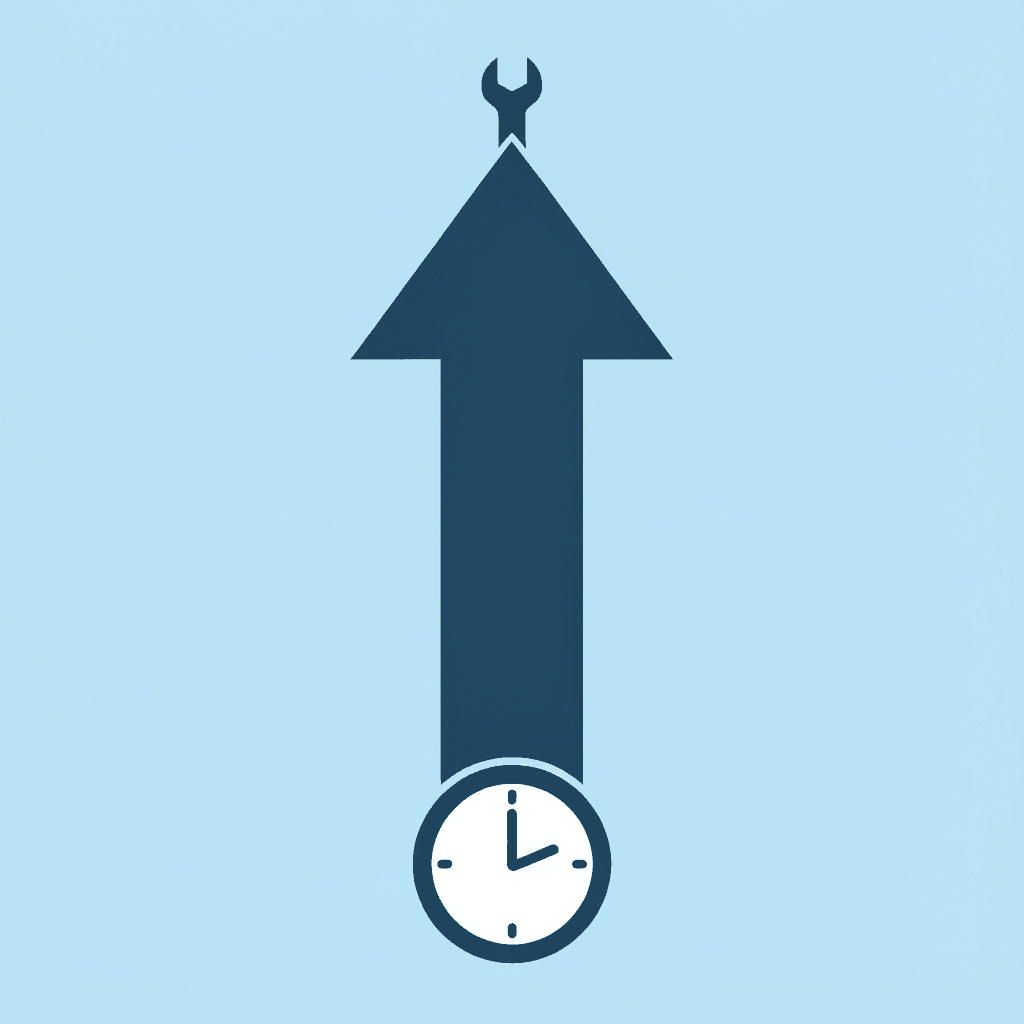 Upward arrow showing improvement from lengthy troubleshooting sessions to quick task completion - AI Document Review