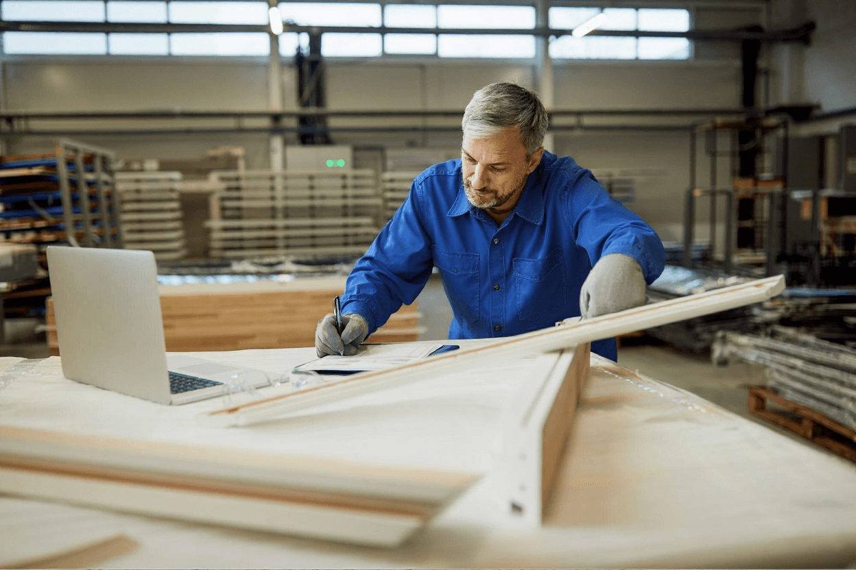 Man assembling a white table with brown legs. The man is wearing a blue jumpsuit and leaning over the furniture.