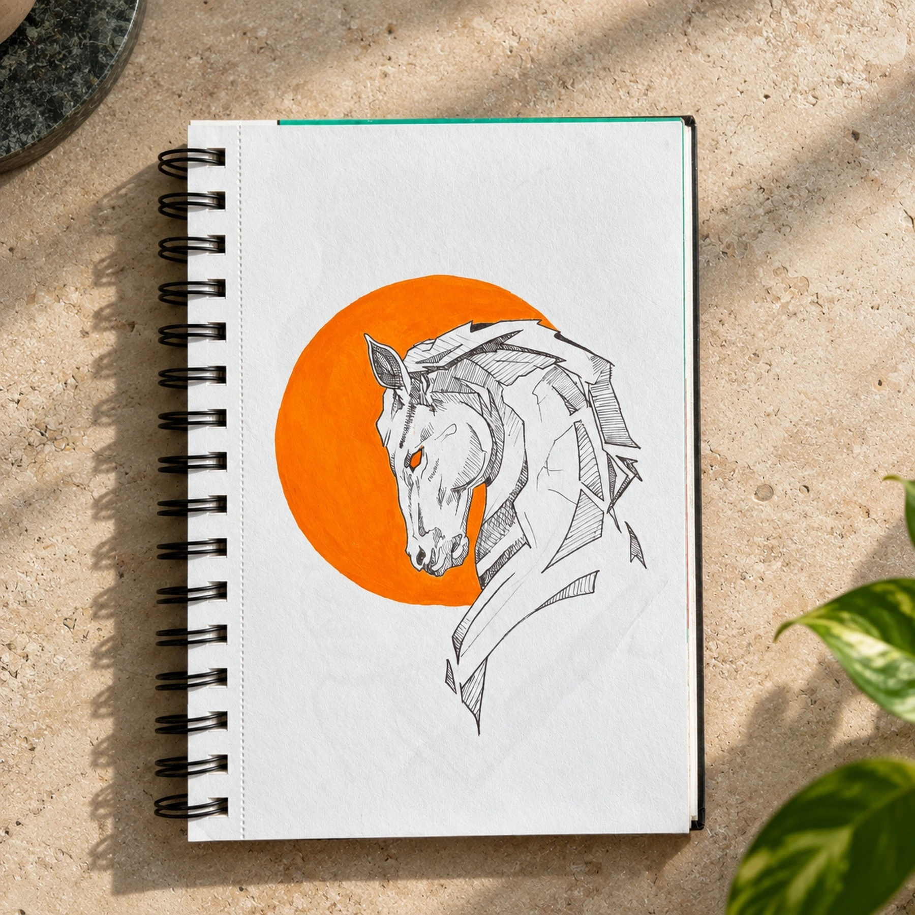 Profile drawing of a horse’s head and neck against an orange circle.