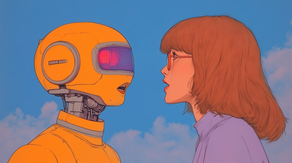 A young woman and a humanoid robot face each other under a clear blue sky, highlighting a moment of connection and curiosity. By Pablo Stanley on lummi.ai