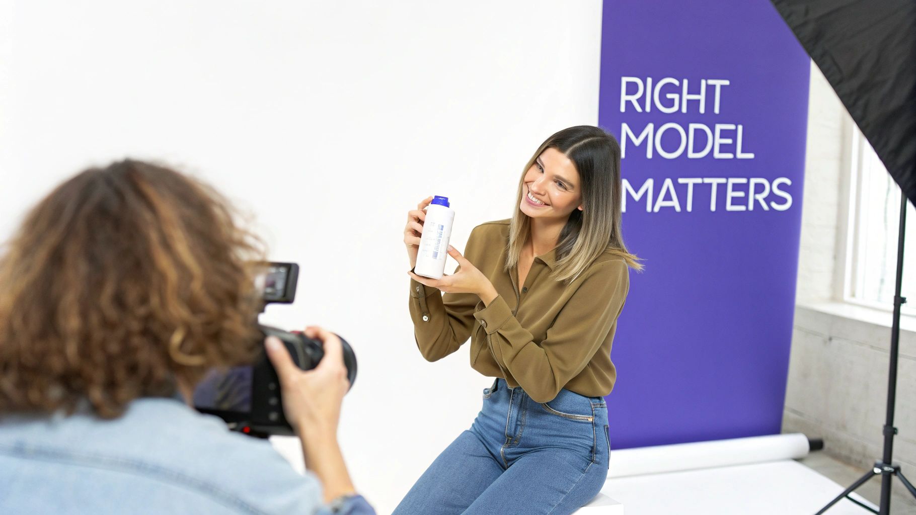 A smiling model holds a white product bottle during a video shoot, with a cameraman and brand banner.