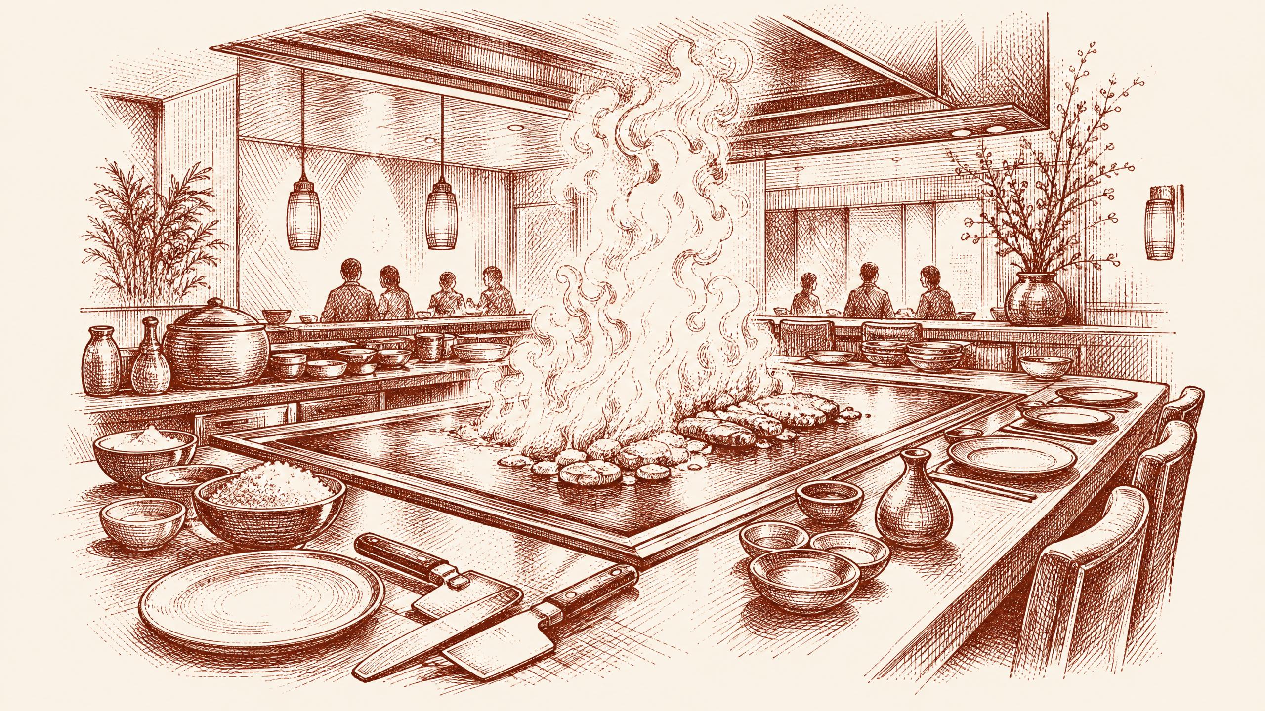 A hibachi grill as the central object of an energetic date setting, surrounded by chef tools -- first date restaurants tampa