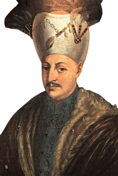 Portrait of an Ottoman Sultan wearing a distinctive large white turban adorned with feathers and golden chains, dressed in regal attire with a fur-lined coat, capturing the grandeur and elegance of royal Ottoman fashion from the 17th century. The image highlights the ruler's stern expression and intricate details of his ceremonial garments, embodying the power and prestige of the Ottoman Empire.