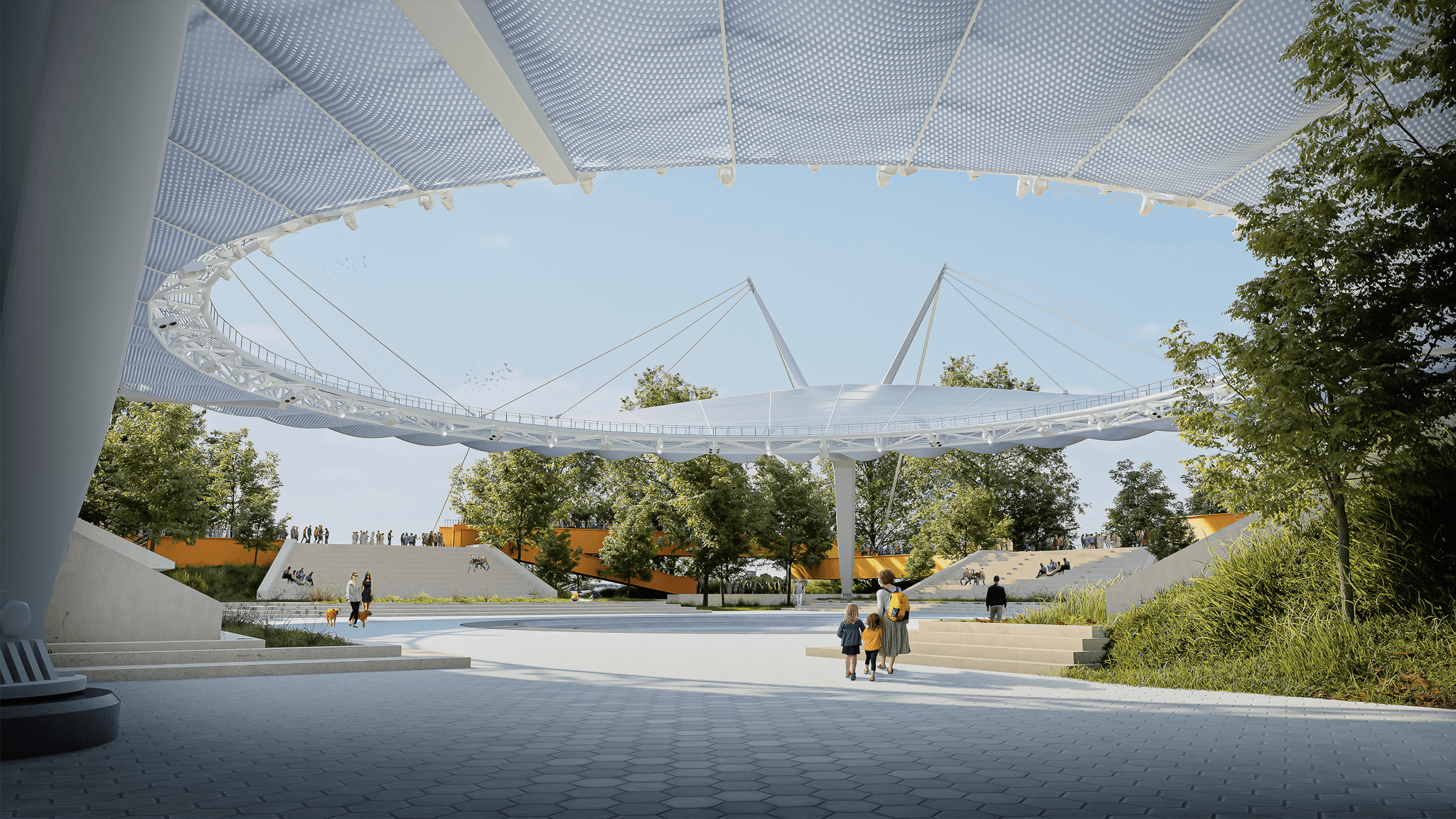 Render showing the existing concrete landscape superimposed by the new performance canopy.