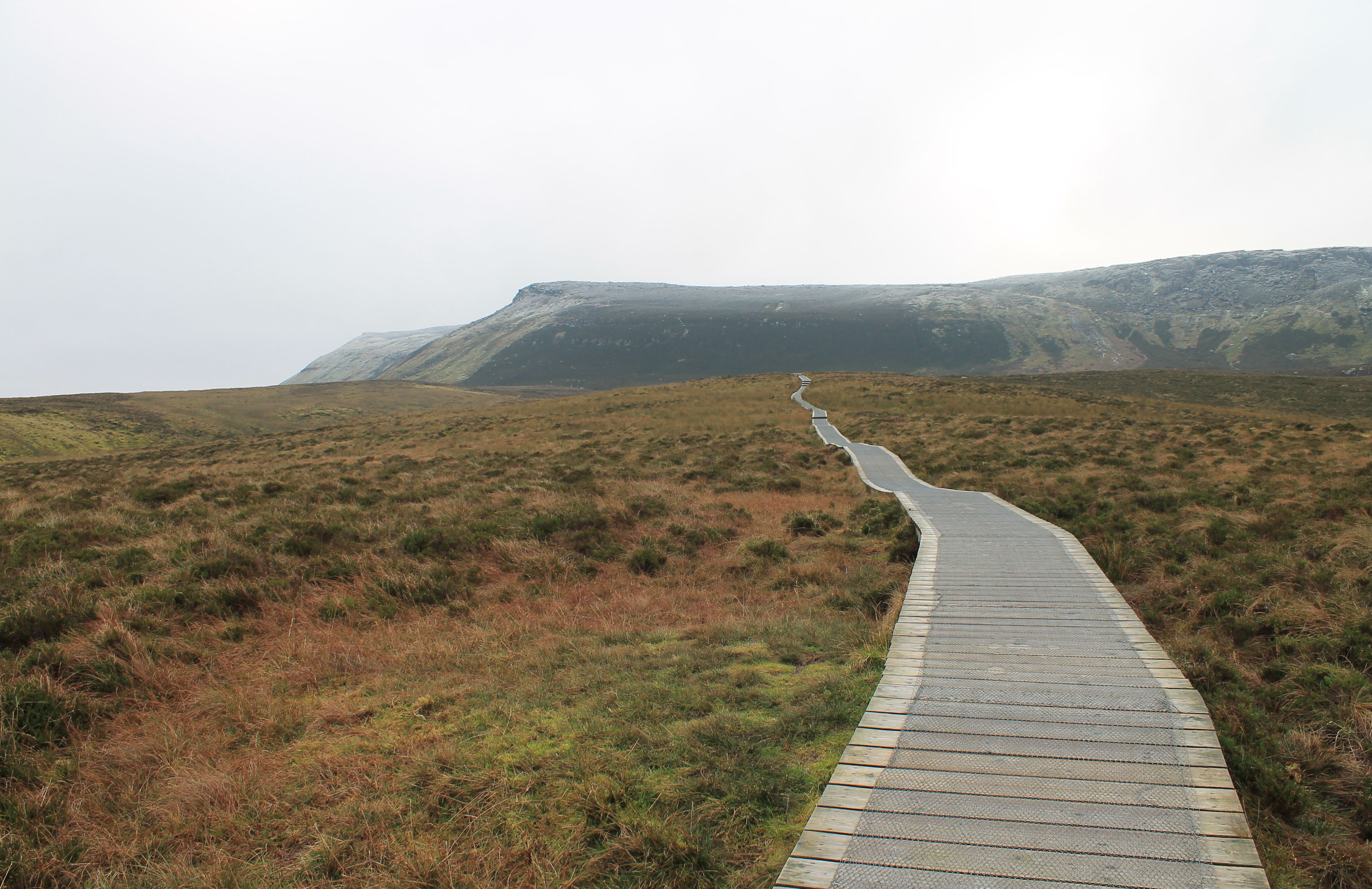 A rocky path leads through a vast, foggy landscape with distant hills under an overcast sky.