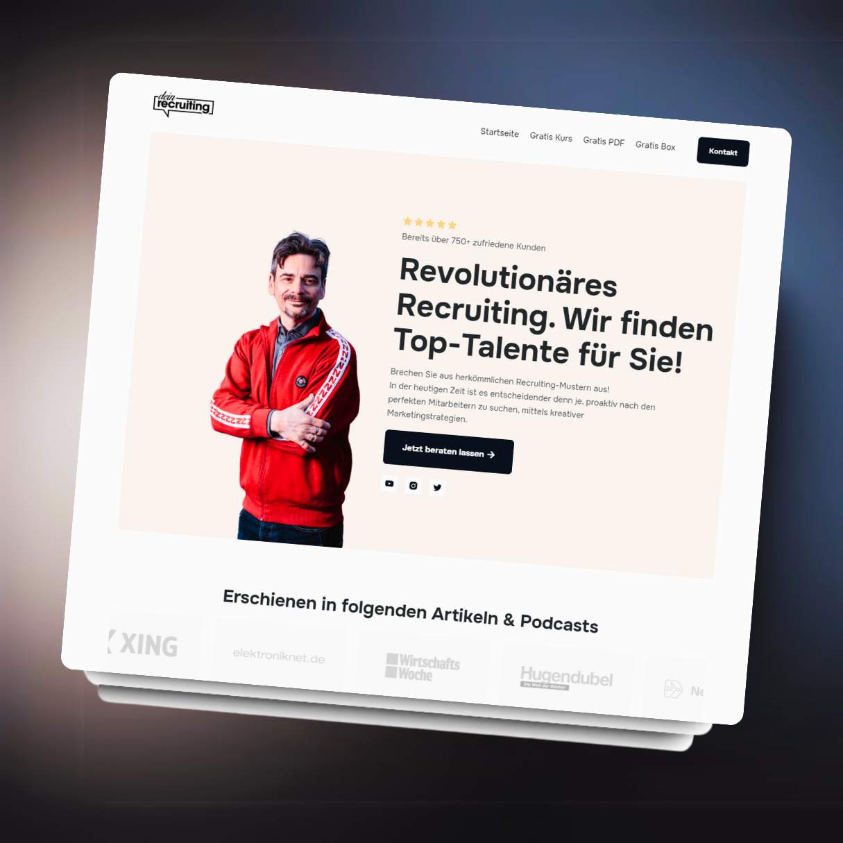 Abgeschlossenes Webdesign-Projekt für die Firma dein Recruiting – moderne Landingpage mit starkem Fokus auf Personalgewinnung, inklusive Call-to-Action, Social Media Icons und Presse-Logos
