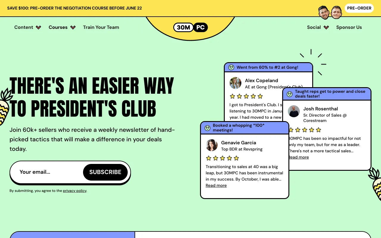 30 Minutes to President's Club homepage, tactical sales courses and newsletter