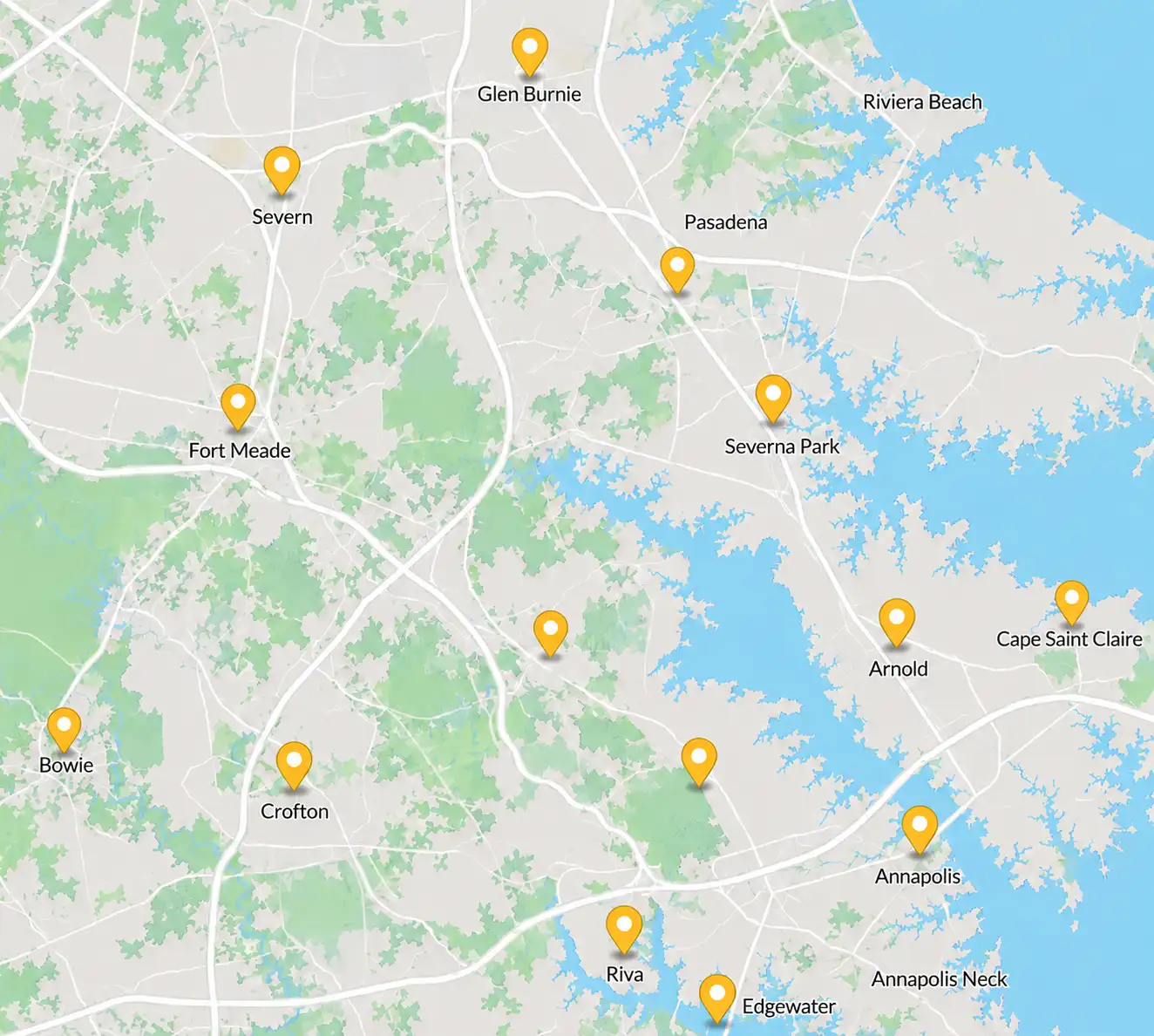 Map of Harvest Construction’s service areas throughout Anne Arundel County and surrounding Maryland communities, including Glen Burnie, Severn, Fort Meade, Bowie, Crofton, Pasadena, Severna Park, Arnold, Cape Saint Claire, Annapolis, Riva, and Edgewater.