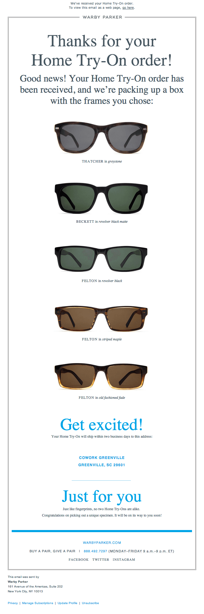 Warby Parker post-purchase email thanking customers and providing order details with a focus on brand values and helpful resources.