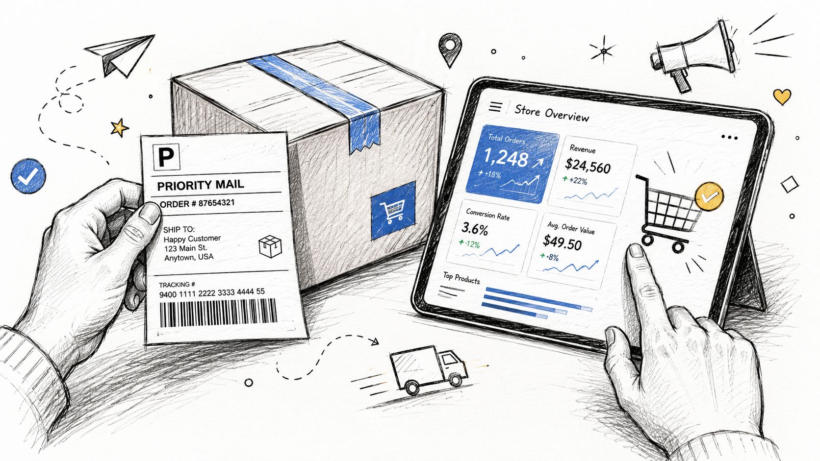 A hand holding a shipping label next to a package and a tablet displaying store sales analytics.
