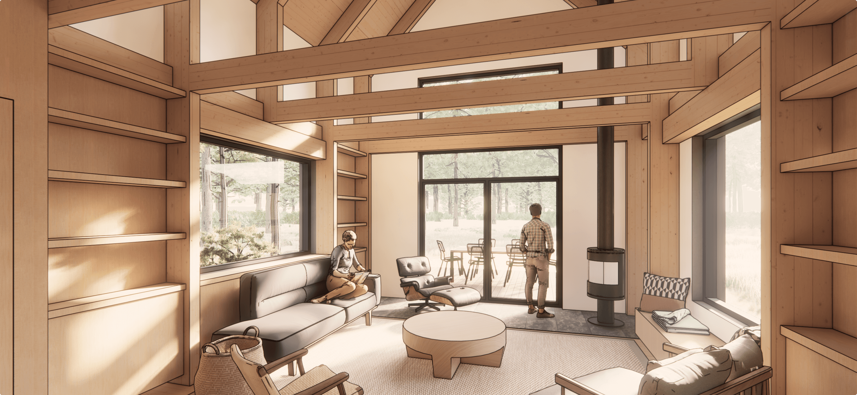 TMBR modular home interior with exposed timber beams, large windows, and an open-concept living space designed for natural light and sustainability.