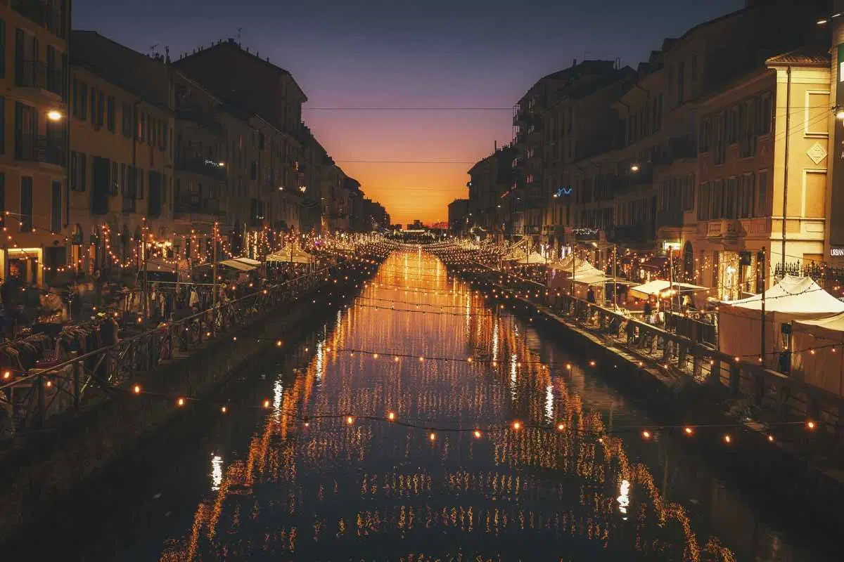 Milan’s Navigli at sunset. A city view, not attributed to a particular Fashion Week edition. Photograph supplied by Jonathan.