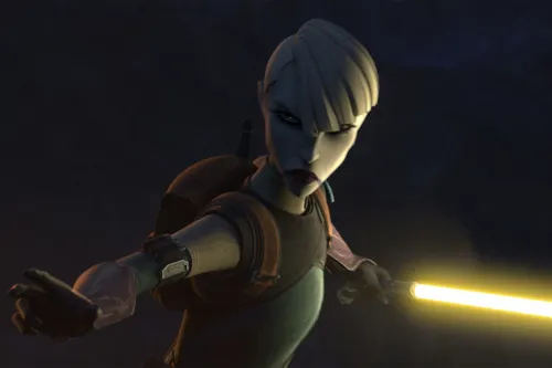 Asajj Ventress with short white hair wielding a yellow lightsaber