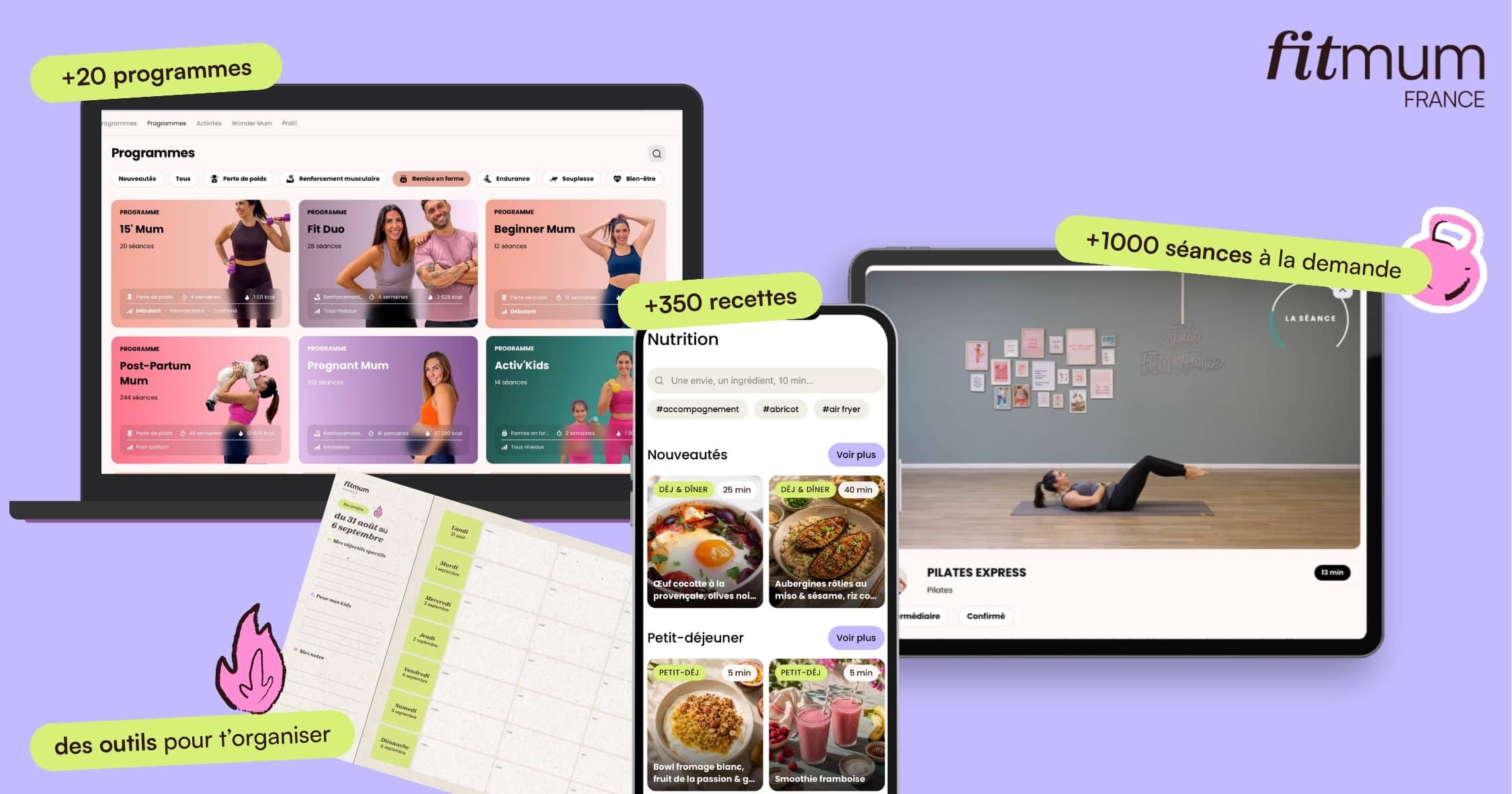 Application FitMum avec programmes sportifs, recettes, séances à la demande et outils d’organisation pour les mamans