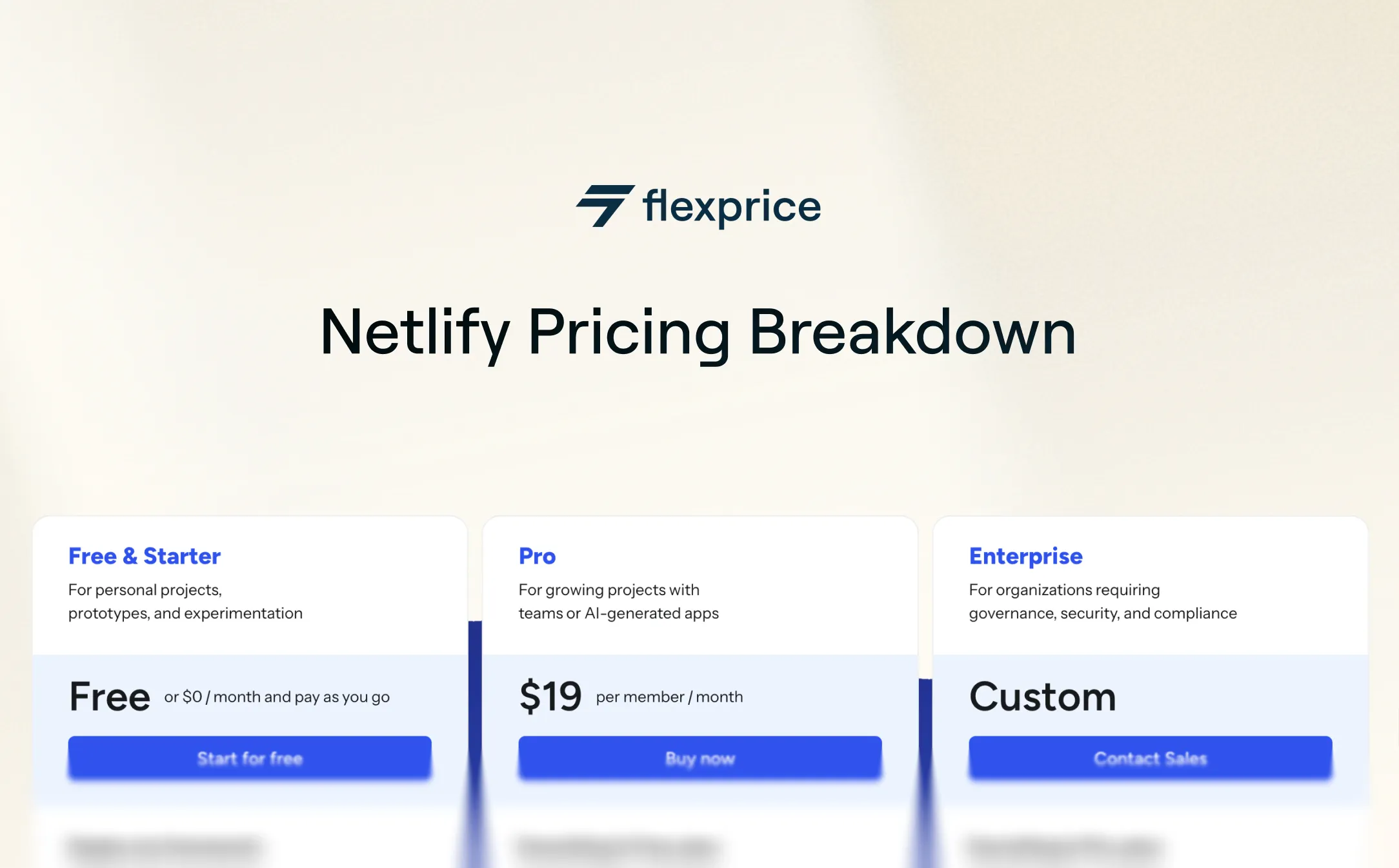 Pricing breakdown for Netlify, displaying various plans and their features on a dark background.