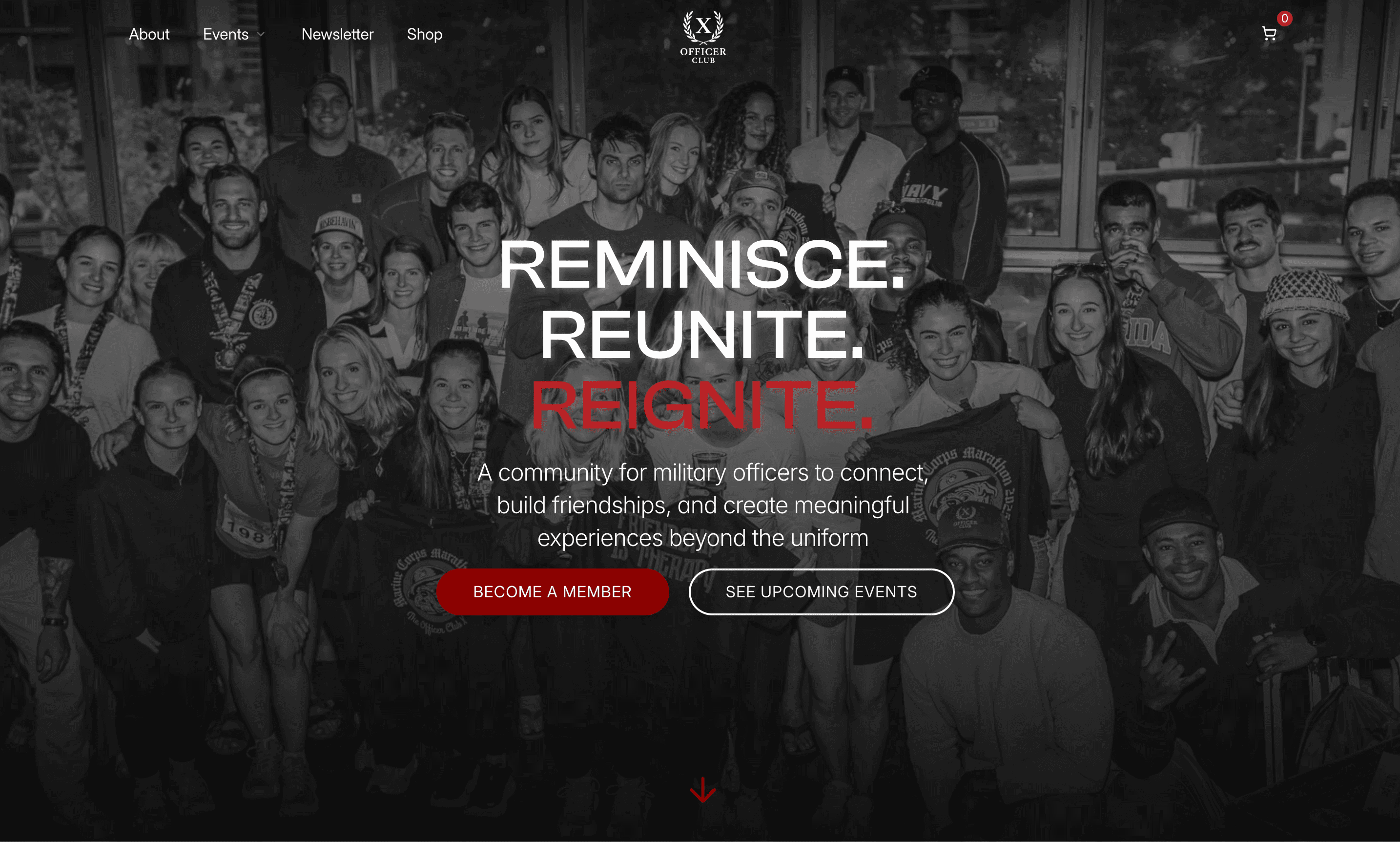 Hero section of TheOfficerClubX website featuring the tagline 'Reminisce. Reunite. Reignite.' and a vibrant image of military officers, families, and friends connecting. The section includes buttons to join the club and view events.
