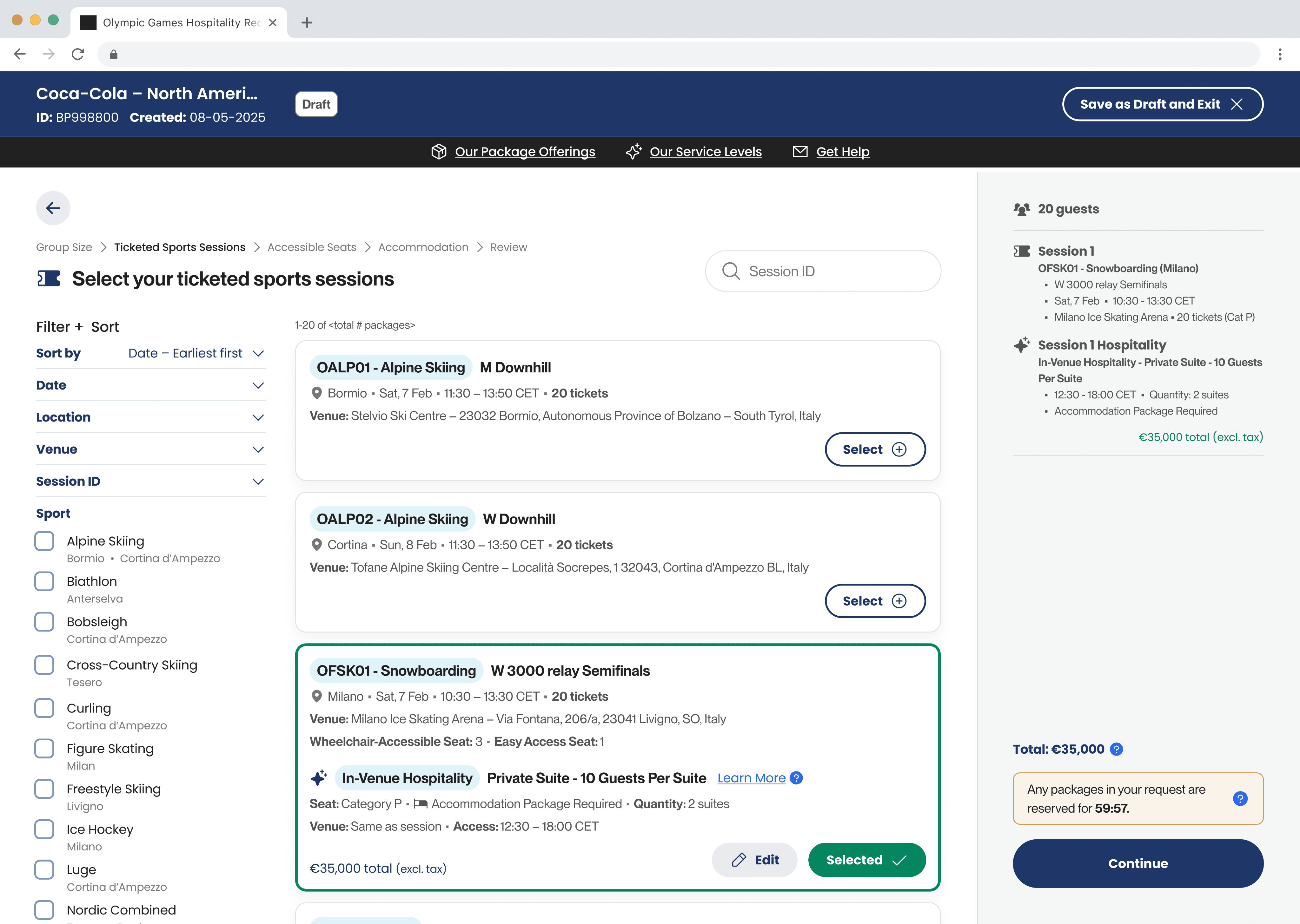 Build your own package session selection