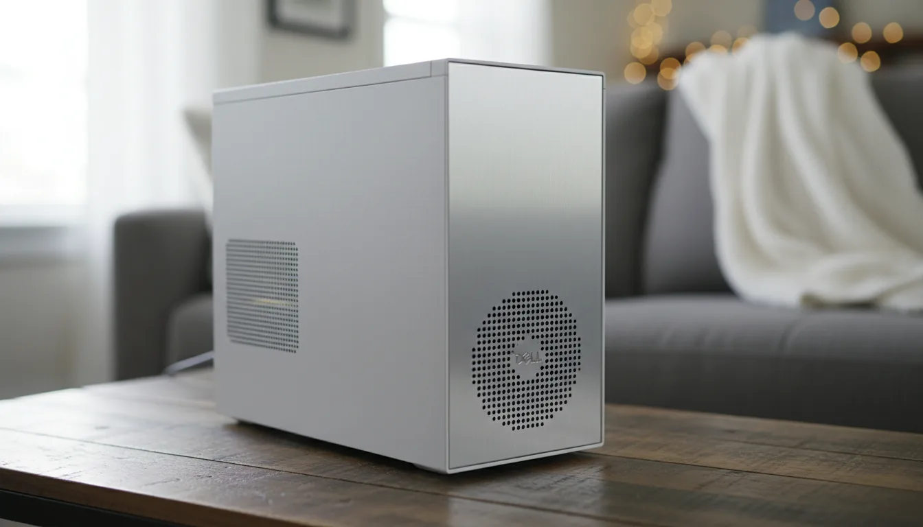 DSLR photograph of a modern Dell XPS Desktop PC tower, with a white chassis and a silver front panel, placed on a dark, rustic wood grain table. The PC is the central focus, viewed from a three-quarters angle, showing the perforated ventilation patterns on its side and front. The scene is lit by soft, natural daylight from an out-of-frame window. The background is a beautifully blurred living room with a cozy grey sofa and a white textured throw blanket, creating a shallow depth of field and a distinct bokeh effect.