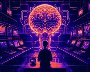 Cyberpunk illustration with neon colors and futuristic technology