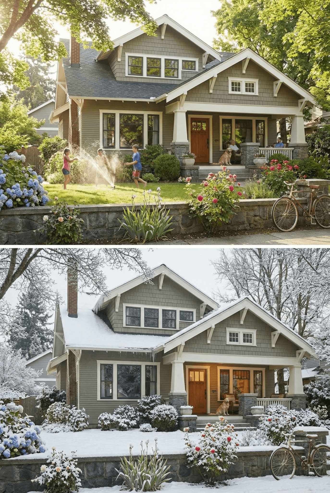 [Input image of a house in summer]  "Turn this scene into winter time. Keep the house architecture exactly the same, but add snow to the roof and yard, and change the lighting to a cold, overcast afternoon."