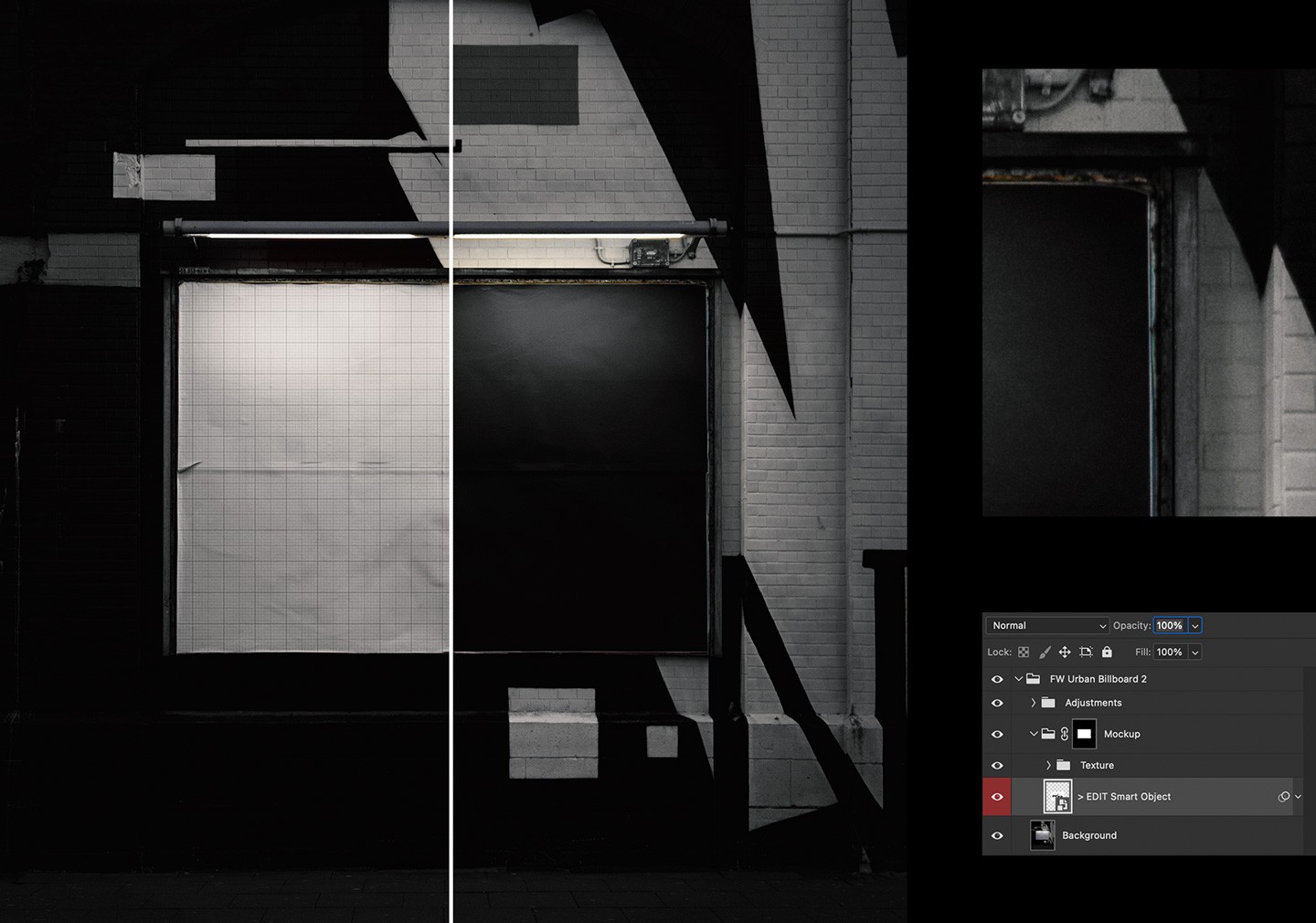 Urban billboard mockup Photoshop smart object layer for easy poster editing