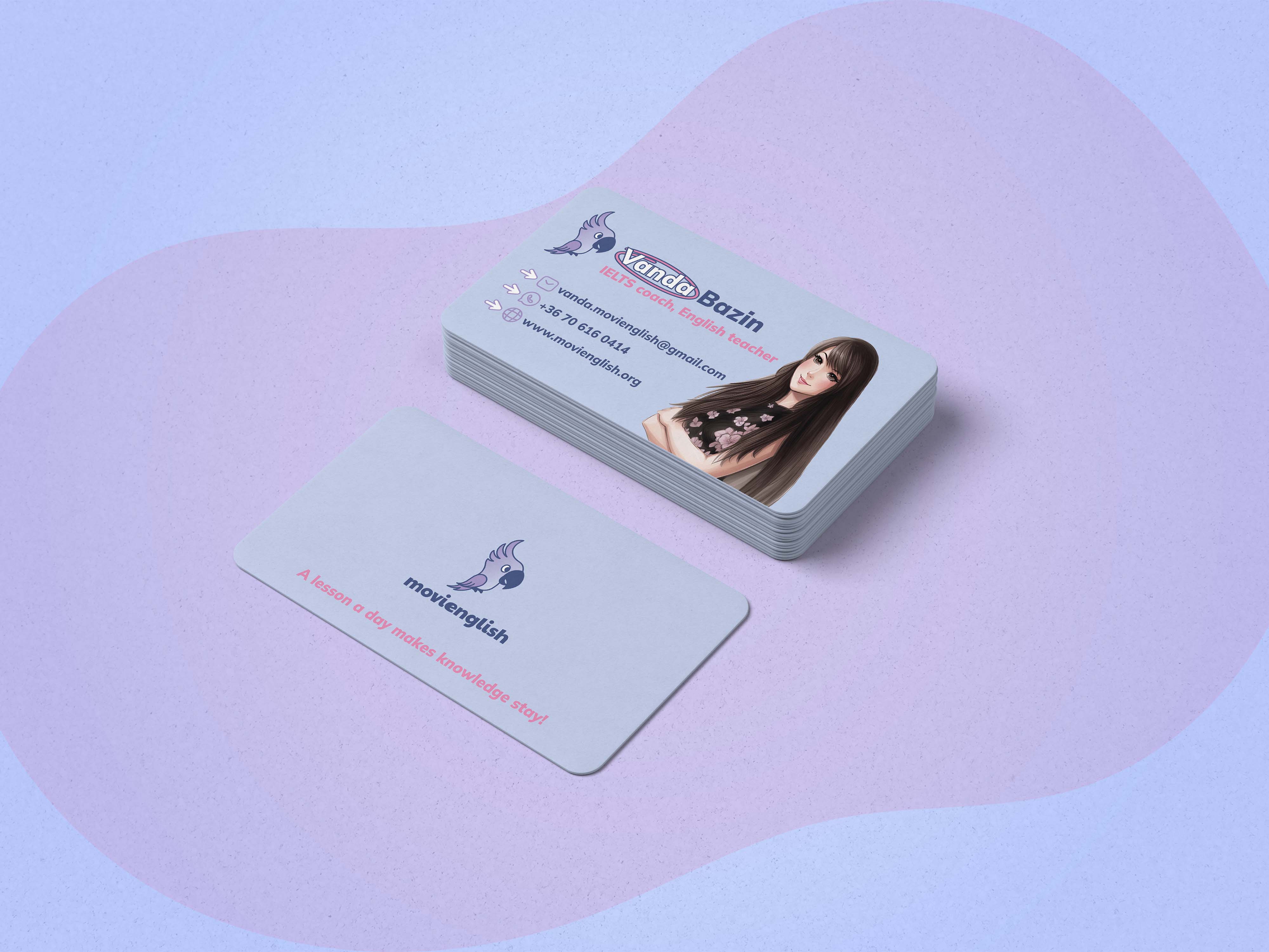 Business card stack with illustrated teacher portrait and logo - Movienglish, an English learning brand identity.