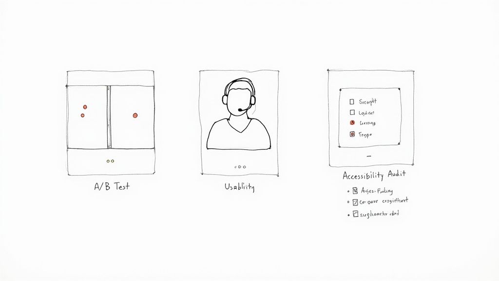 Sketches showing three user interface design testing techniques: A/B, usability, and accessibility.