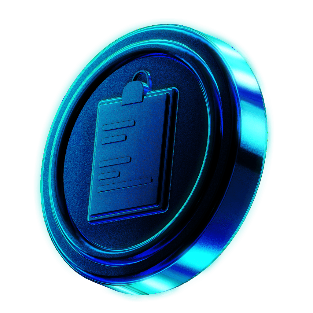 Shiny 3D Coin in Glassy Blue Color with a Clipboard Icon Graved on Top 
