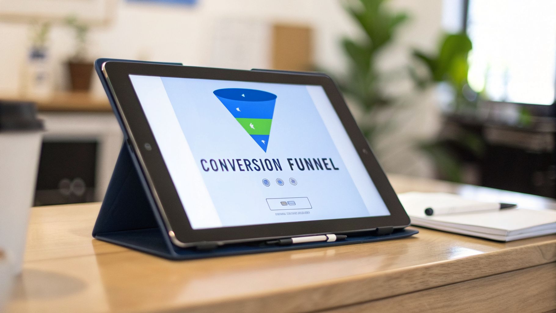 A tablet on a wooden desk displays a 'Conversion Funnel' diagram, alongside a pen, notebook, and coffee cup.