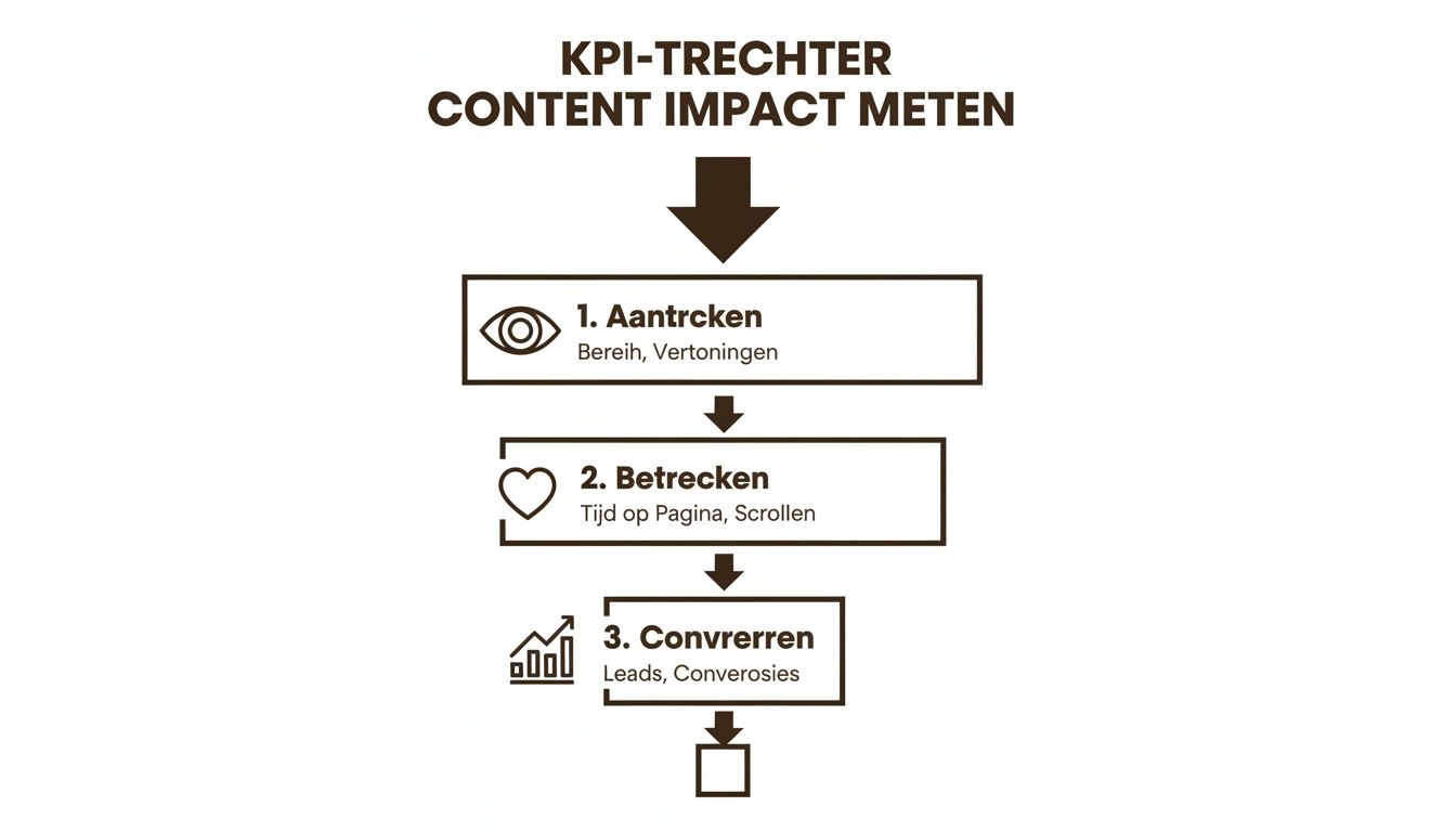 Een KPI-trechter voor het meten van content impact, met stappen: Aantrekken, Betrekken en Convreren, inclusief bijbehorende metrics.