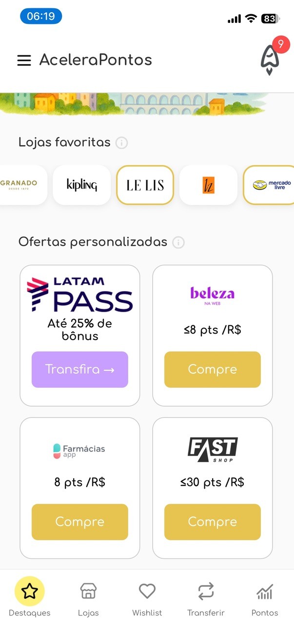 App de milhas AceleraPontos mostra promoção de transferência Livelo para Latam Pass com até 25% de bônus