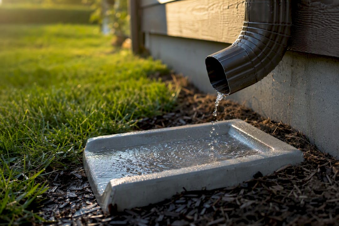 Concrete splash block beneath downspout outlet