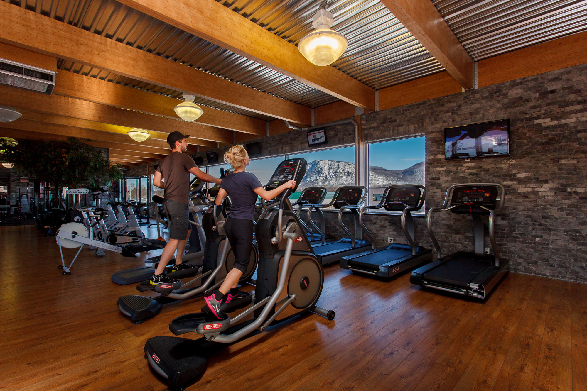 Image dynamique d'un couple de personnes sur des appareils de cardio éliptiques