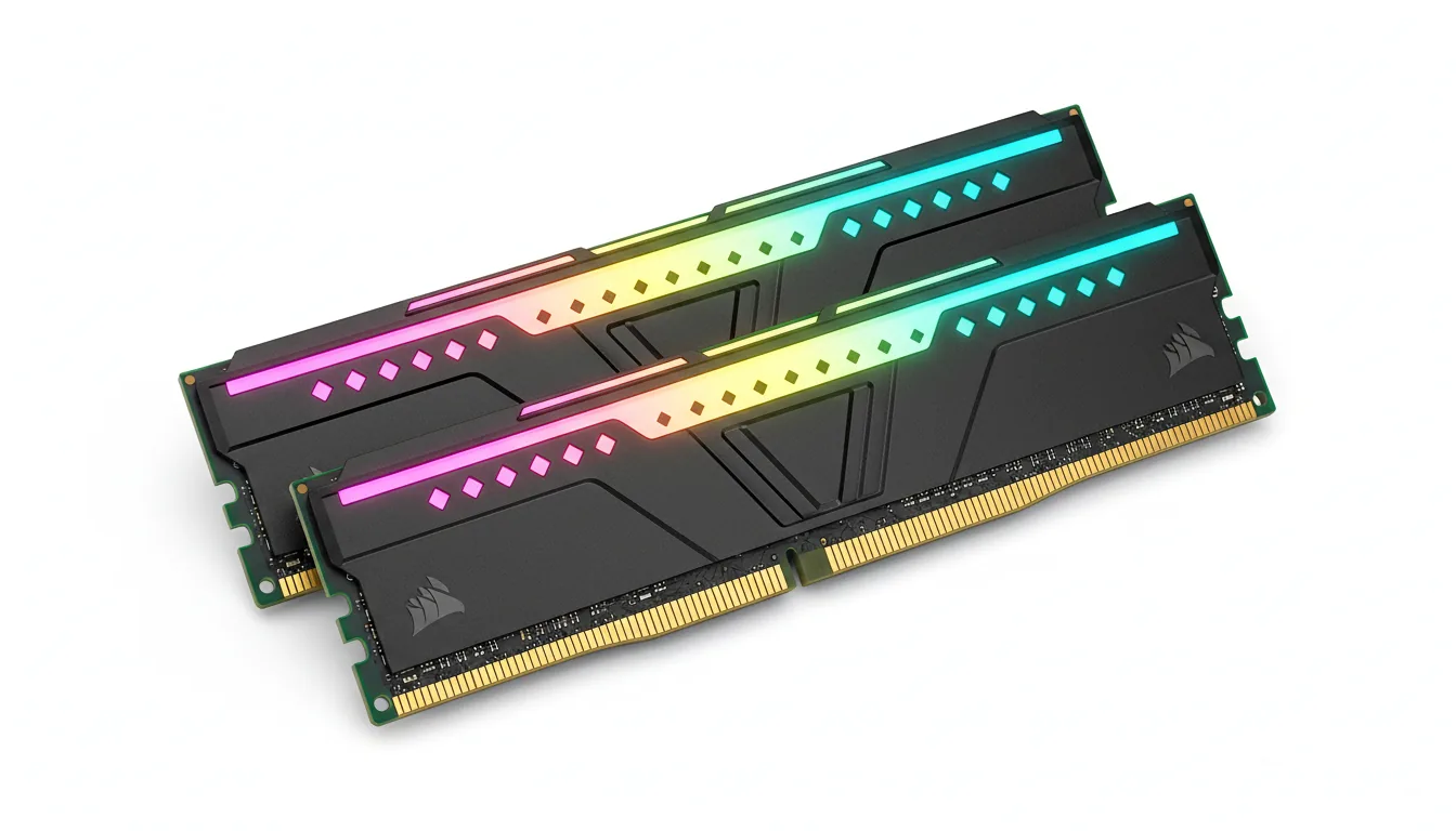 DSLR product photography of two Corsair Vengeance RGB Pro RAM sticks, stacked and angled on a clean white studio background. Soft studio lighting evenly illuminates the matte black textured aluminum heat spreaders. The top of each RAM stick has a vibrant, glowing RGB light strip with a smooth color gradient of pink, yellow, and cyan. Small diamond-shaped cutouts along the top also glow with the internal light. The gold-plated connectors along the bottom edge are clearly visible. The entire product is in sharp focus, hyper-detailed.